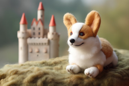 Cute little corgi dog with fairy tale castle on green backgroundの素材