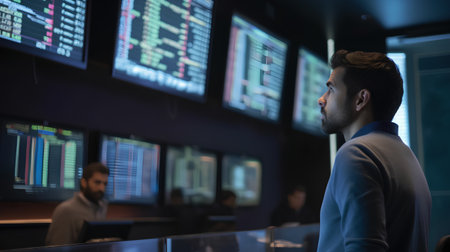 Side view of businessman looking at stock market data on computer screen in officeの素材