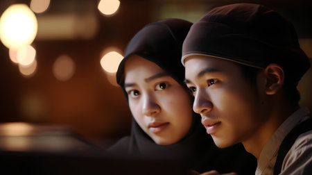 Portrait of asian muslim couple using laptop computer at nightの素材