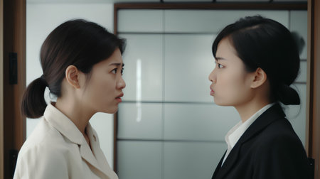 Two Asian business women looking at each other in front of a mirrorの素材