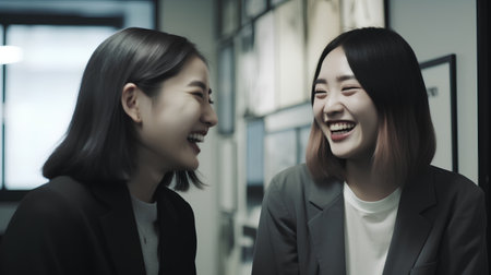 Two young Asian business women laughing and talking together in the office.の素材
