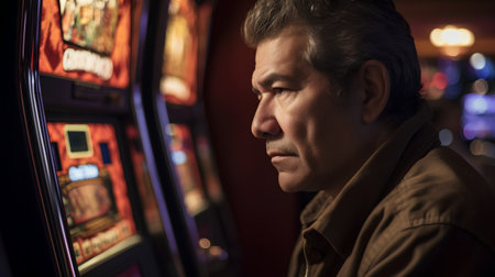 Portrait of mature man playing slot machine in casino. Selective focus.の素材