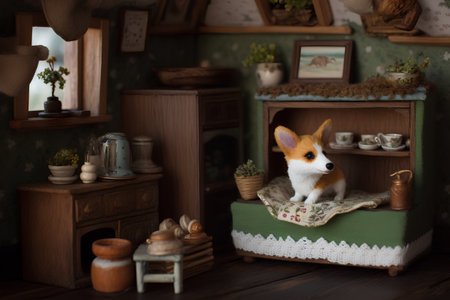 Welsh Corgi Pembroke puppy sitting in a bedの素材