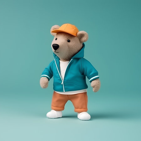 Teddy bear in a blue jacket and orange shorts. 3d renderingの素材