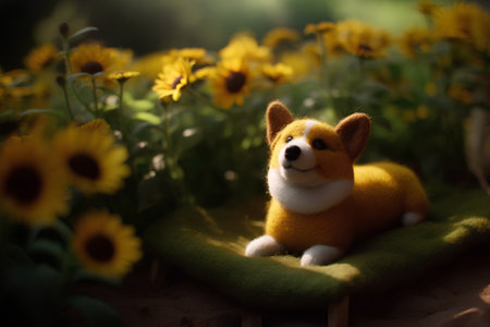 Cute dog with sunflowers in the garden, soft focusの素材