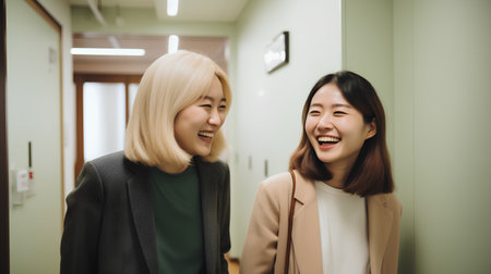 Two asian women talking and laughing together in corridor at office.の素材