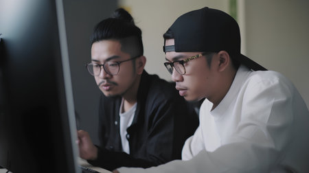 Two young asian business man working with computer at modern office.の素材