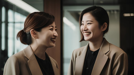 Two young Asian businesswomen laughing and looking at each other in officeの素材