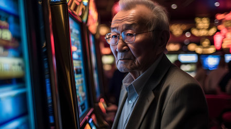 Portrait of an elderly man playing slot machine in a casino.の素材