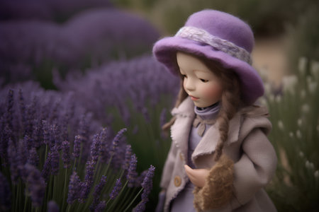 Lavender flowers and girl doll in lavender field, selective focusの素材