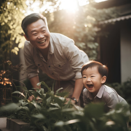 Happy asian father and son having fun together in the garden.の素材