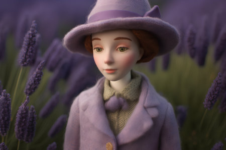 3d rendering of a female doll in lavender field at sunsetの素材