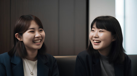 Two asian businesswomen laughing and looking at camera in the officeの素材