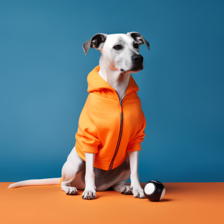 Dog in an orange hoodie on a blue background. Studio shot.の素材