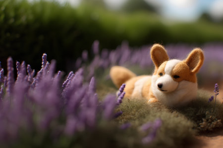 Cute welsh corgi puppy lying on lavender field.の素材