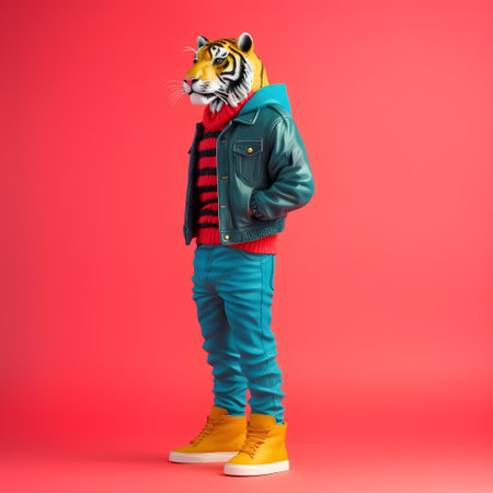Tiger dressed in a jacket, jeans and boots on a red background.の素材