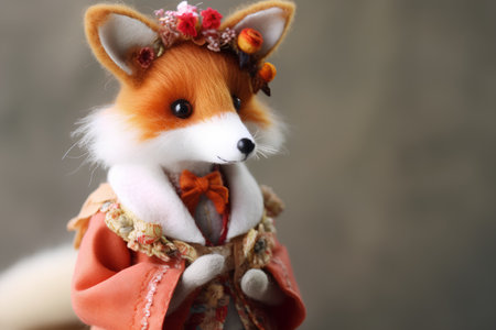 Close-up of a cute fox doll with a wreath of flowersの素材