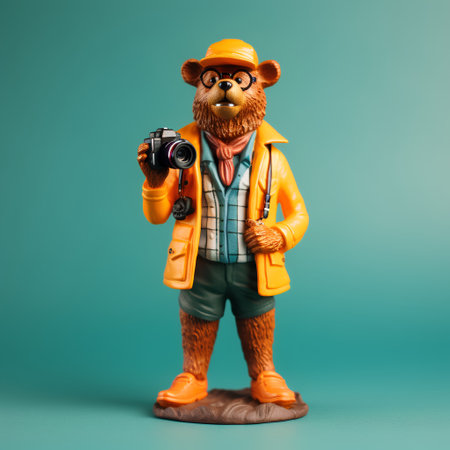 Teddy bear in a yellow raincoat and a hat holds a camera.の素材