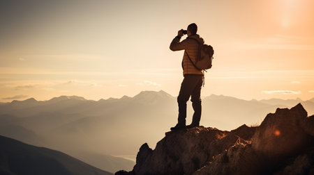 Silhouette of a man with a backpack standing on the top of the mountain and looking at the sunsetの素材