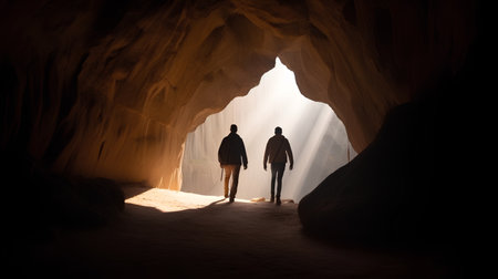 Silhouette of man and woman standing in a cave in the desertの素材