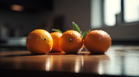 Foto de Ripe tangerines on a wooden table in the kitchen. - Imagen libre de derechos