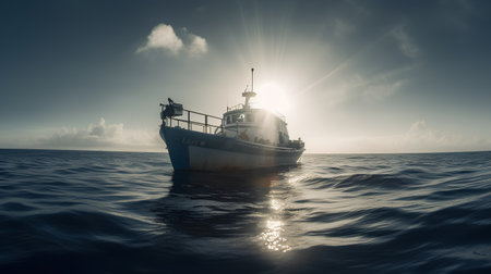 Fishing trawler in sea. 3d render illustration.の素材