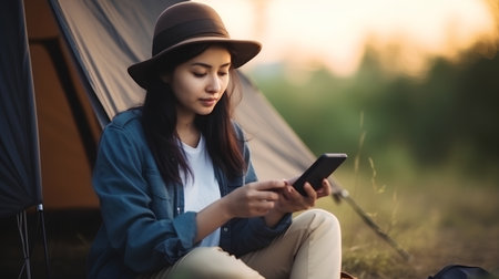 Beautiful asian woman using mobile phone while sitting in camping tentの素材