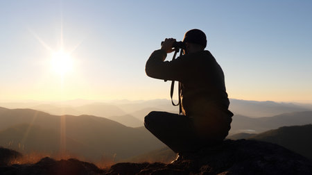 Silhouette of photographer on top of a mountain and looking through binocularsの素材