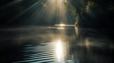 Foggy morning on the river with sun rays and reflection in waterの素材