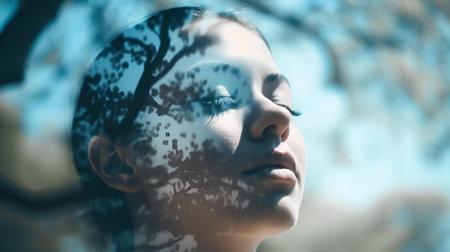 Portrait of beautiful young woman with shadow of tree on her faceの素材