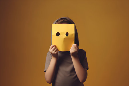Woman hiding her face behind yellow sheet of paper with smiley faceの素材