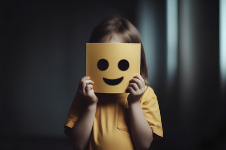 Young girl hiding behind a sheet of paper with a smiley faceの素材