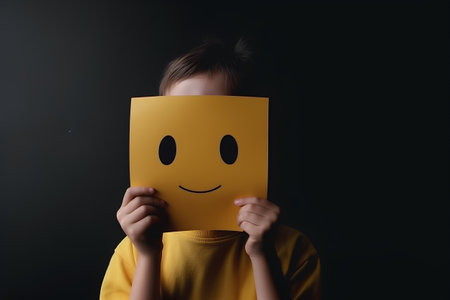 boy hiding behind a yellow sheet of paper with a smiley faceの素材