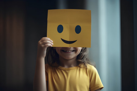 Smiling child with smiley face on a yellow sheet of paperの素材