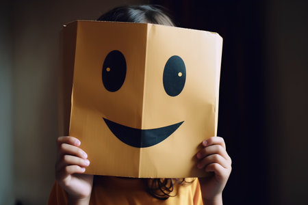 Little girl hiding behind a paper bag with a smiley face.の素材