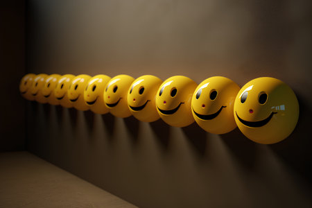 3d render of yellow smileys in a row on the wallの素材