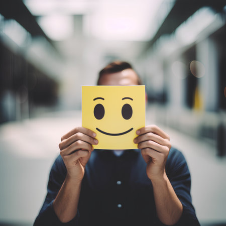 Young man holding a yellow sheet of paper with a smiley faceの素材