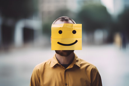 Young man with yellow paper on his head with a smiley faceの素材