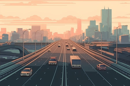 Highway in the city at sunset. Vector illustration for your designの素材