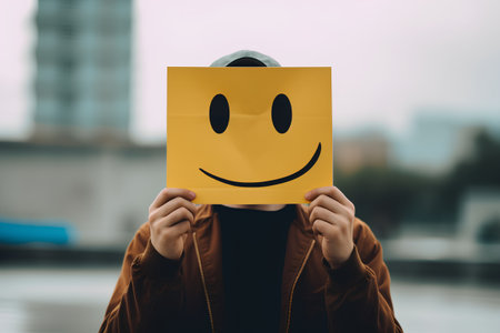 smiling man holding paper with smiley face on it in cityの素材