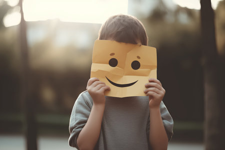 Boy holding a paper with a painted smiley face on his faceの素材