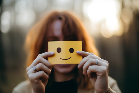 Woman holding yellow sticky note with smiley face in the forest.の素材
