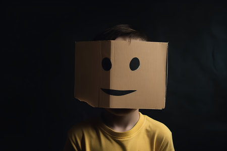 Man with a cardboard box on his head with smiley face on black backgroundの素材