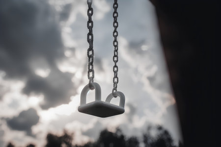 Close up of a swing hanging on a rope with dramatic sky backgroundの素材