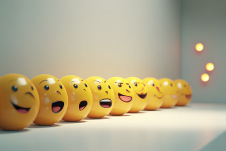 3d rendering of a group of yellow emoticons in a rowの素材