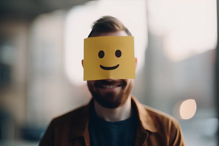 Young man with a smiley face on a yellow sticky note.の素材