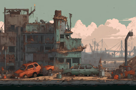 ruins of a very heavily polluted industrial factory, industrial series, vector illustrationの素材