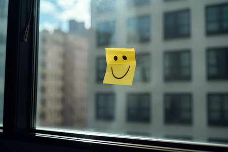 Yellow sticky note with smiley face on the window. 3d renderingの素材