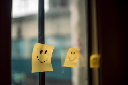 Yellow sticky notes with smiley faces on a window in the officeの素材