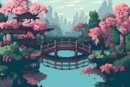 Game background with a bridge over a pond and pink cherry blossomsの素材